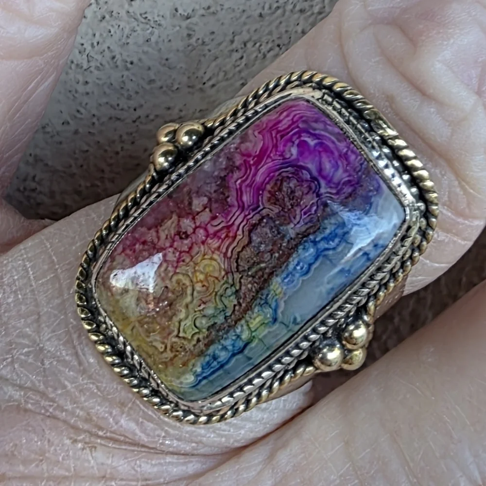 Crazy Lace Gemstone Ring in 925 Sterling Silver w/ Gold Vermeil Accents (7)